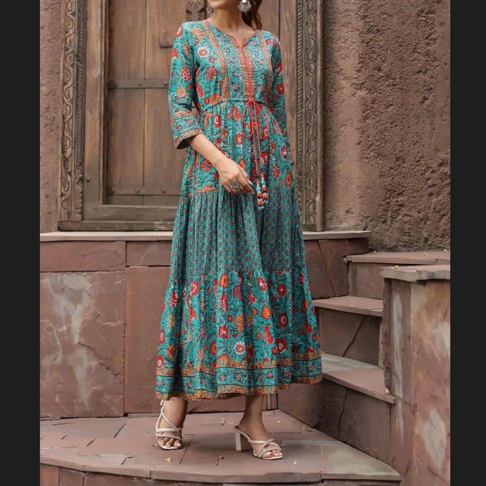 Rain & Rainbow Teal Floral Maxi Dress with Embroidered/Beaded Bodice